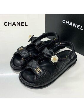 Chanel CC Logo Quilted Camellia Rhinestone Leather Sandals
